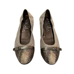 AGL Ballet Flat Tan Shimmer Suede and Brown Snake Capped Toe Sz 37.5